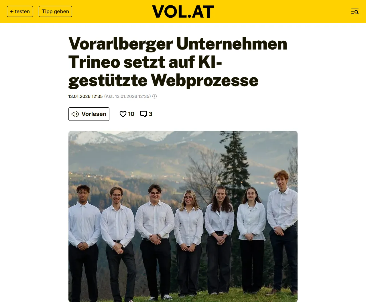 Screenshot des Vol.at Artikels über Trineo